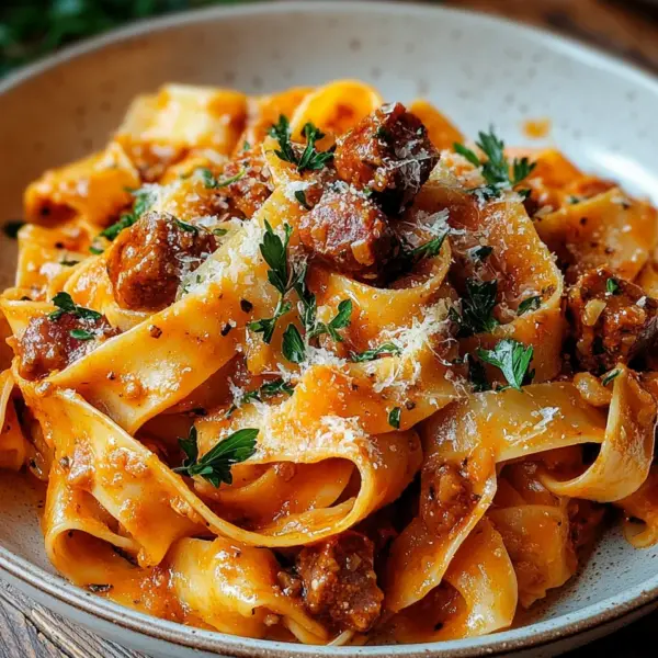 Cremige kalabrische Chili-Pappardelle mit Wurst und Fenchel