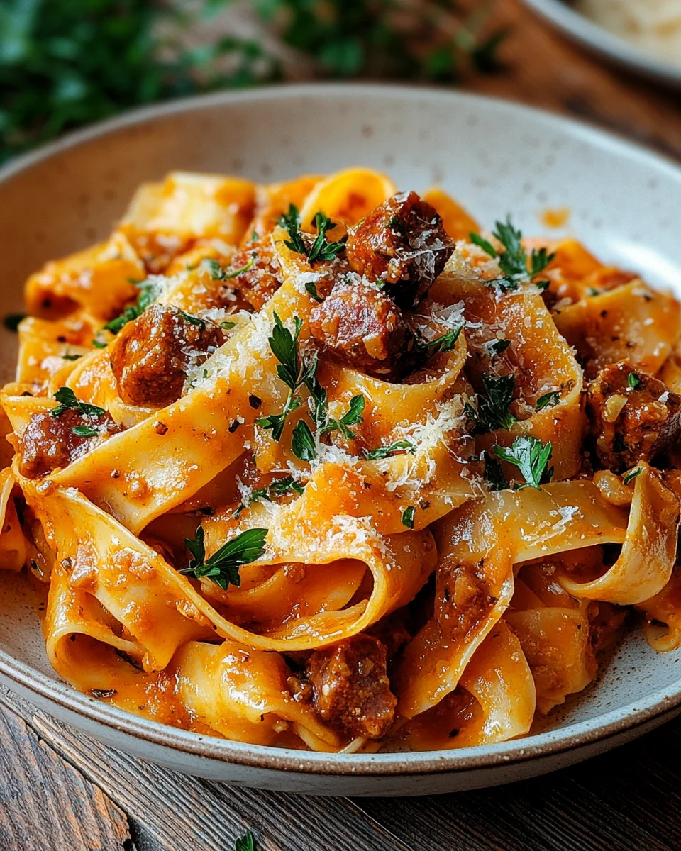 Cremige kalabrische Chili-Pappardelle mit Wurst und Fenchel
