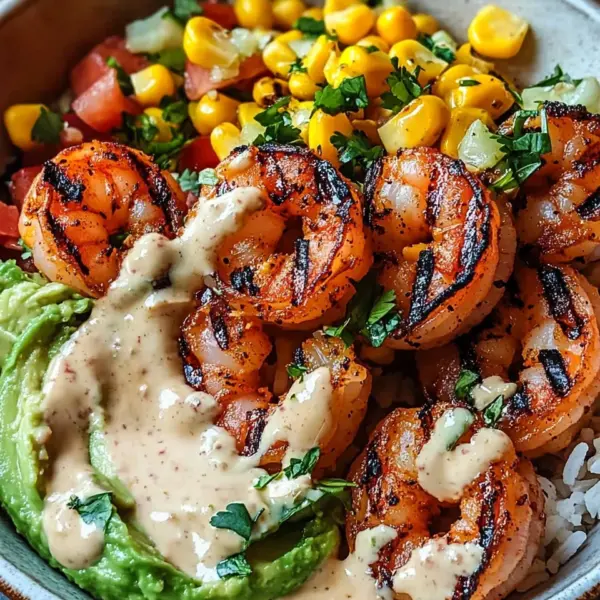 Gegrillte Garnelen Bowl mit Avocado Mais-Salsa & Cremiger Sauce