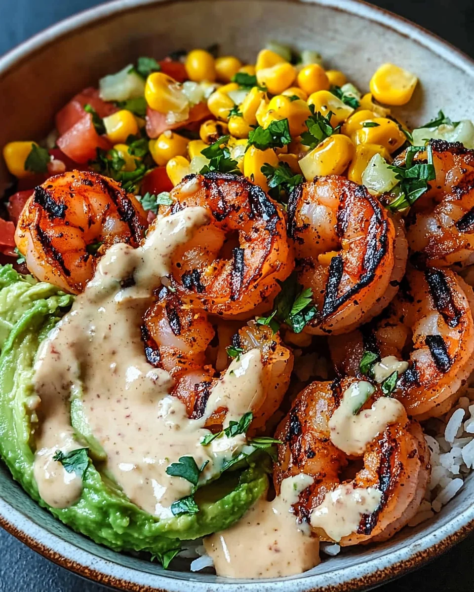 Gegrillte Garnelen Bowl mit Avocado Mais-Salsa & Cremiger Sauce