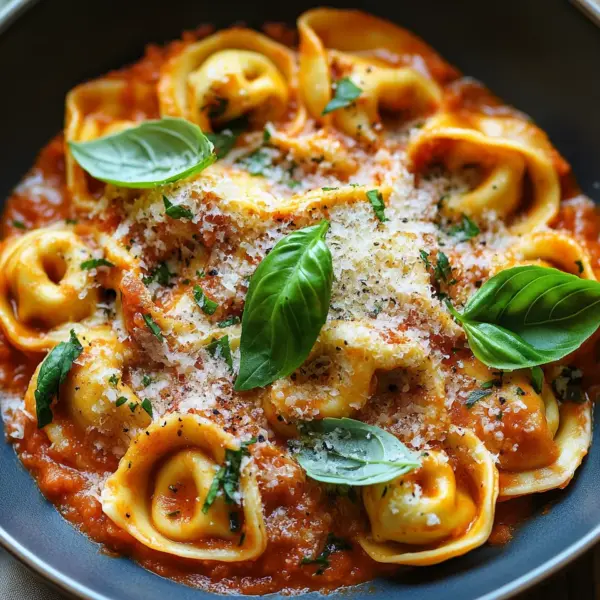 Tortellini mit Tomaten-Sahnesoße, Käse und Basilikum