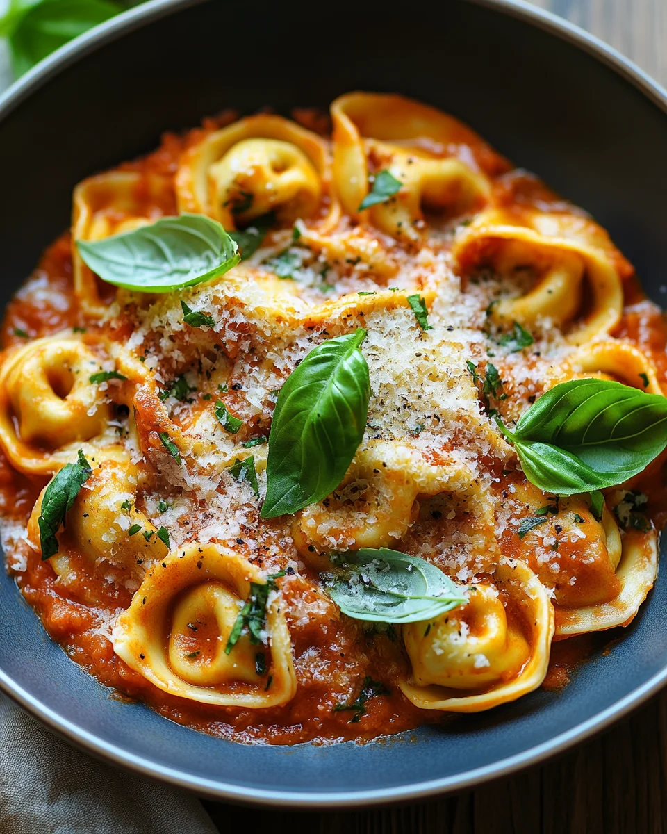 Tortellini mit Tomaten-Sahnesoße, Käse und Basilikum 21 Tortellini mit Tomaten-Sahnesoße, Käse und Basilikum