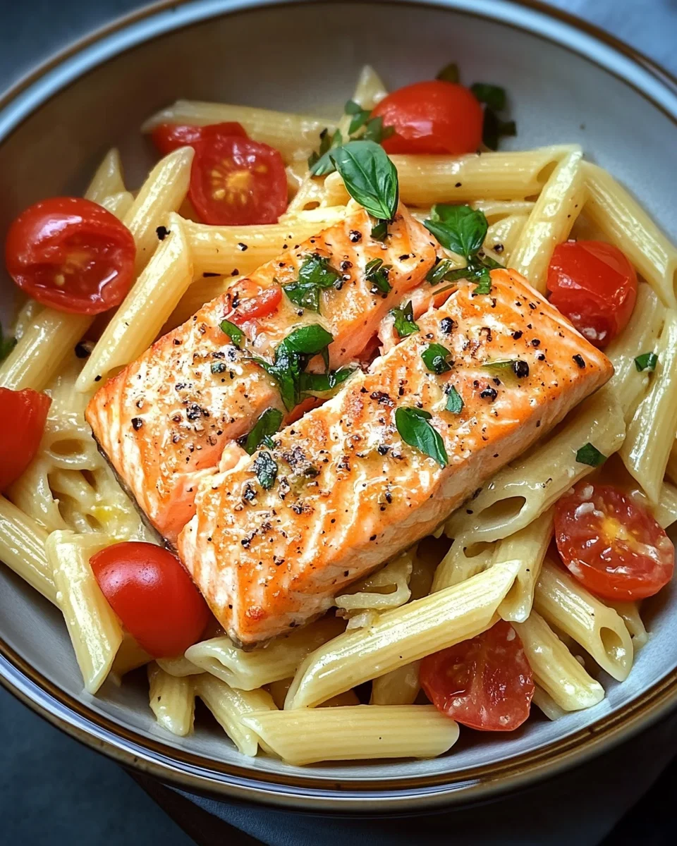 Ofen-Lachs-Pasta mit Tomaten