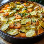 Vegetarischer Kartoffelauflauf mit Zucchini, Karotten und Zwiebeln