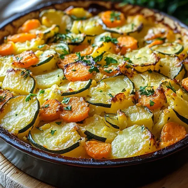 Vegetarischer Kartoffelauflauf mit Zucchini, Karotten und Zwiebeln