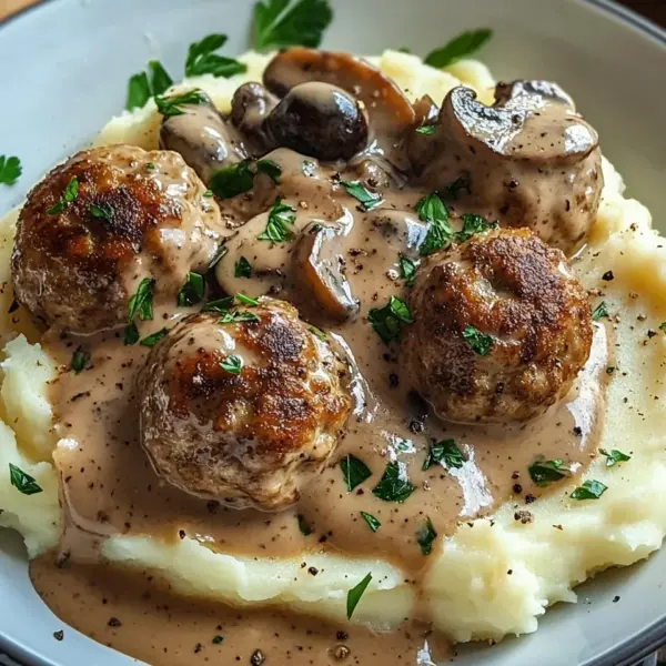 Fleischbällchen mit Kartoffelpüree und Champignonrahmsauce