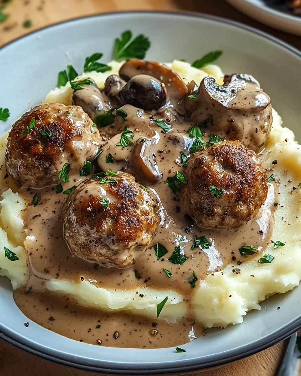 Fleischb&auml;llchen mit Kartoffelp&uuml;ree und Champignonrahmsauce