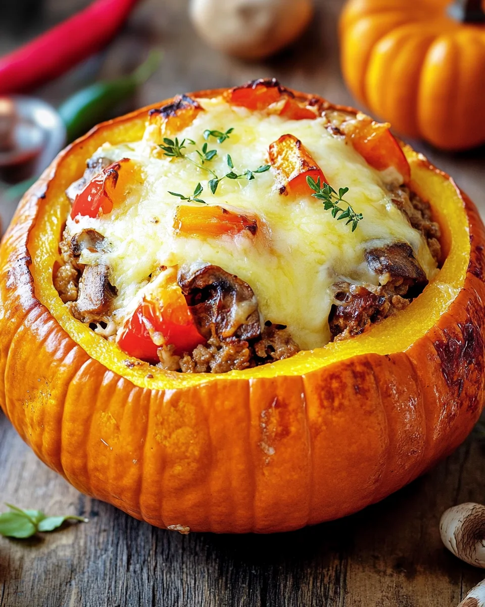 Gefüllter Kürbis mit Fleisch, Champignons, Paprika und Käse aus dem Ofen 19 Gefüllter