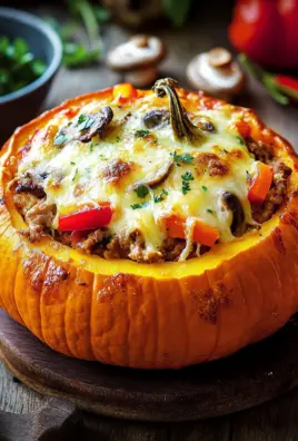 Gefüllter Kürbis mit Fleisch, Champignons, Paprika und Käse aus dem Ofen