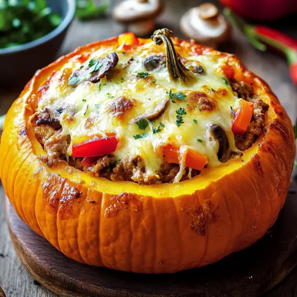 Gefüllter Kürbis mit Fleisch, Champignons, Paprika und Käse aus dem Ofen