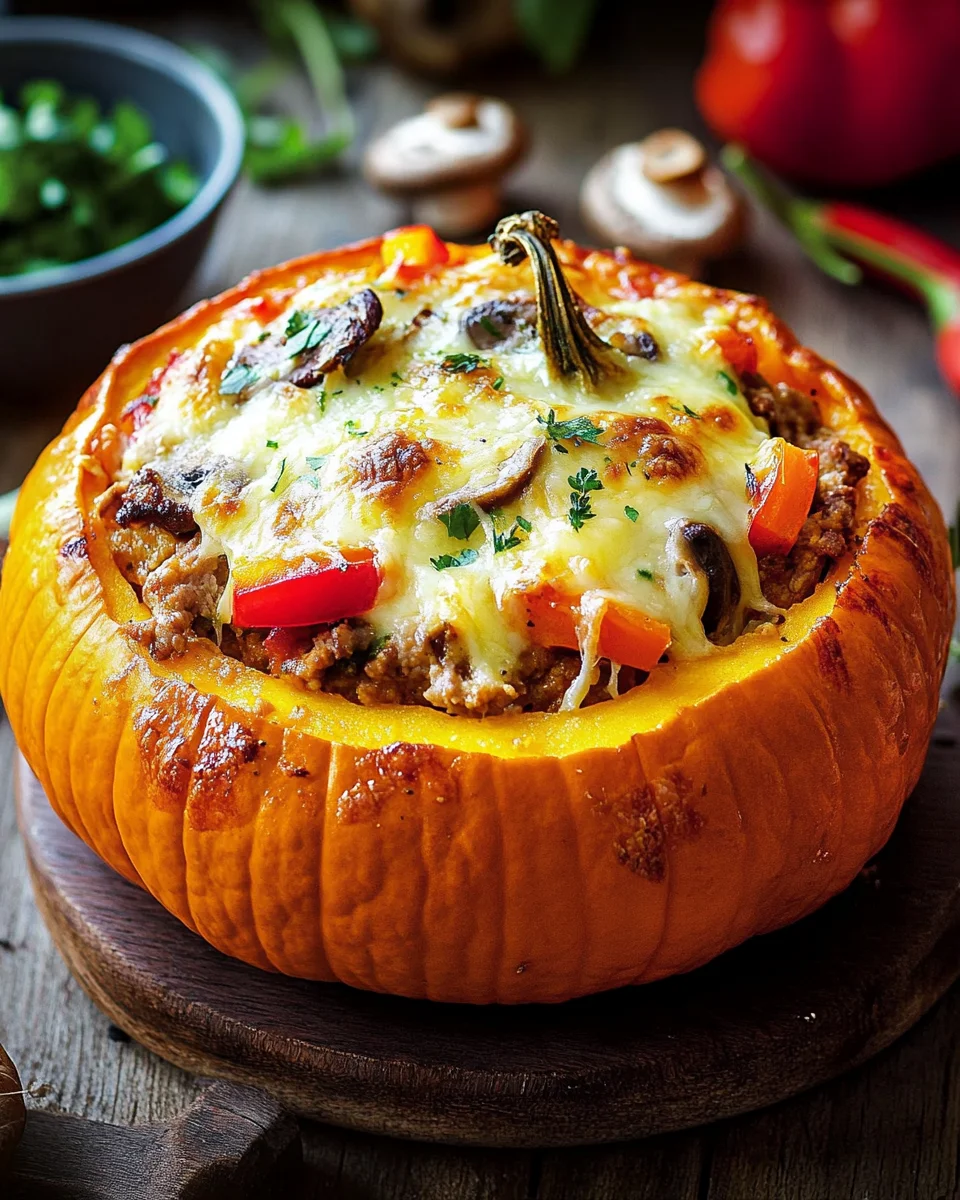 Gefüllter Kürbis mit Fleisch, Champignons, Paprika und Käse aus dem Ofen 21 Gefüllter Kürbis mit Fleisch, Champignons, Paprika und Käse aus dem Ofen