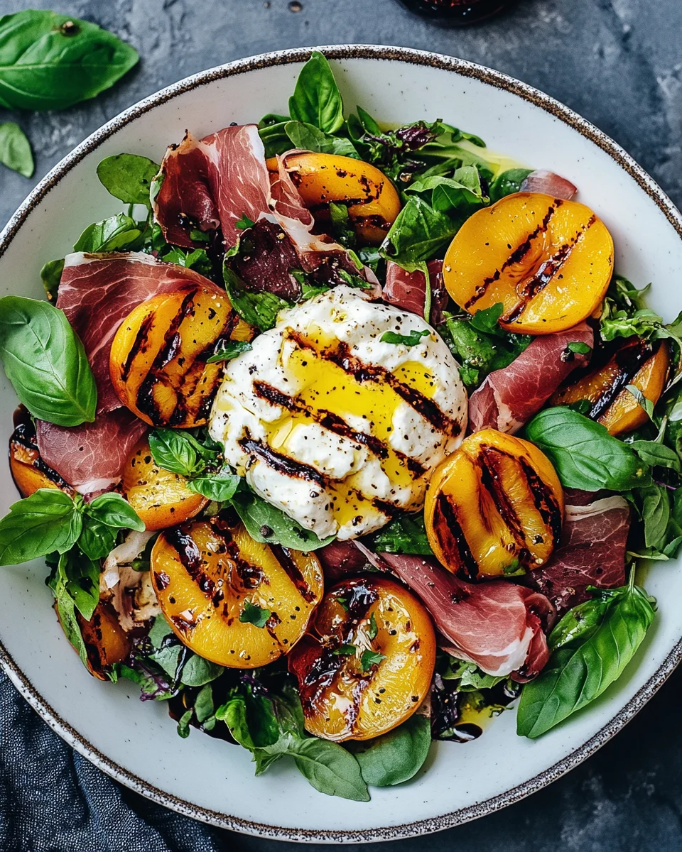 Gegrillter Nektarinen-Burrata-Prosciutto-Salat