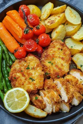 Panierte Parmesan Hähnchenschnitzel aus dem Ofen mit Gemüse und Kartoffelecken