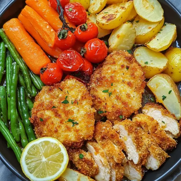Panierte Parmesan Hähnchenschnitzel aus dem Ofen mit Gemüse und Kartoffelecken