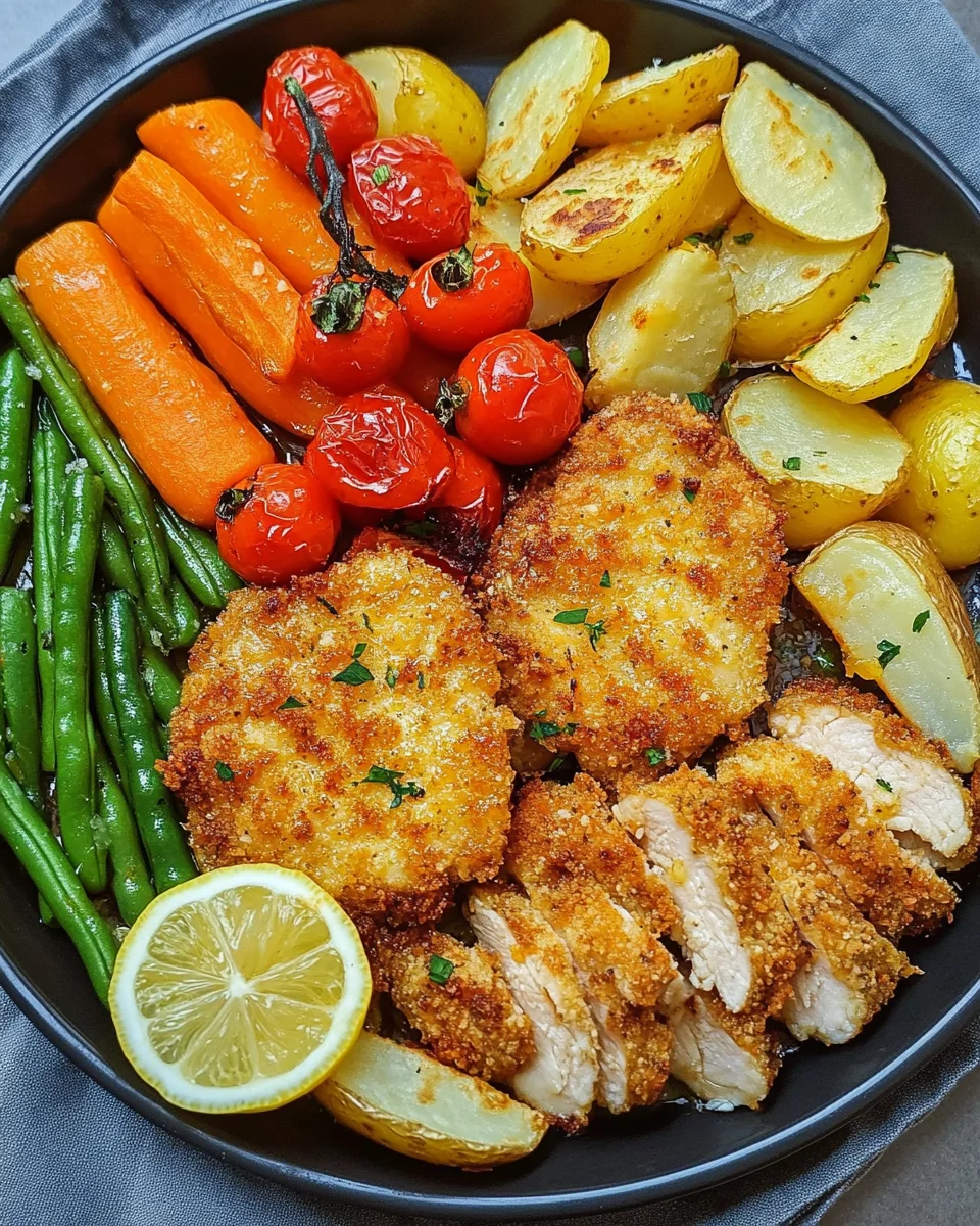 Panierte Parmesan Hähnchenschnitzel aus dem Ofen mit Gemüse und Kartoffelecken 21 Panierte Parmesan Hähnchenschnitzel aus dem Ofen mit Gemüse und Kartoffelecken