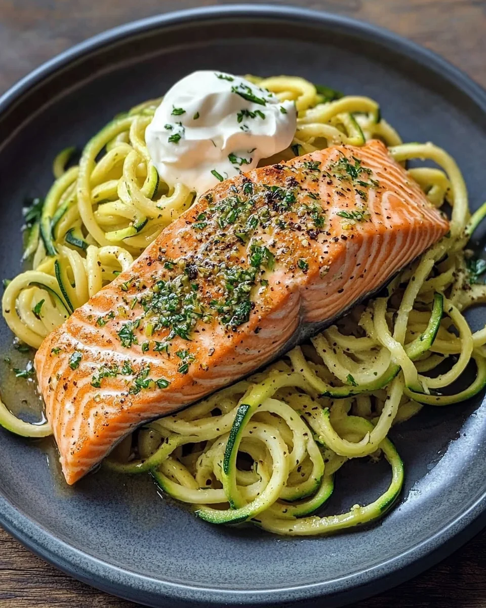 Kr&auml;uterlachs auf Zucchinipasta