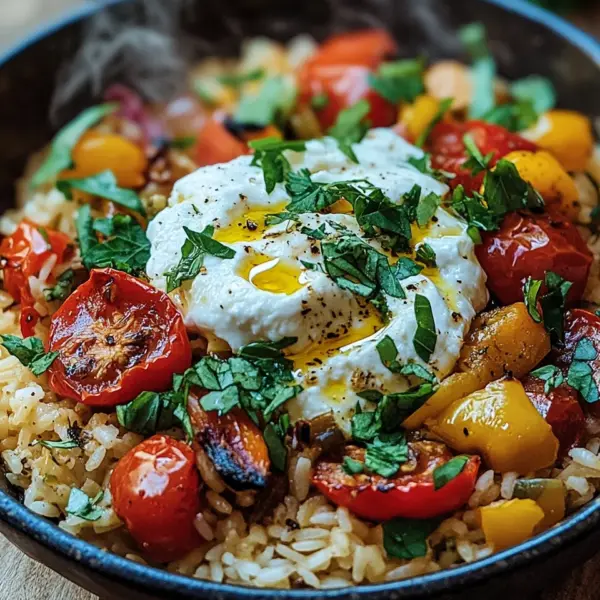Mediterrane Reispfanne mit Burrata