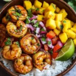 Pikante Garnelen und Mango Salsa Reisbowl