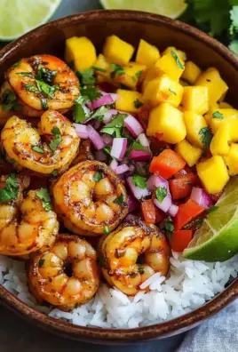 Pikante Garnelen und Mango Salsa Reisbowl