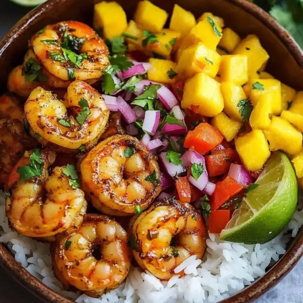 Pikante Garnelen und Mango Salsa Reisbowl