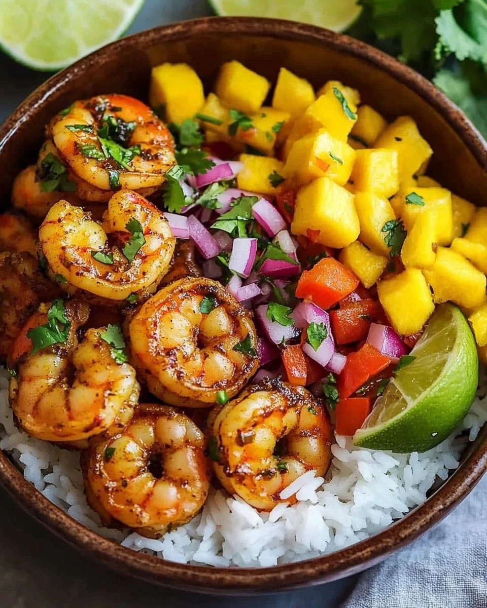 Pikante Garnelen und Mango Salsa Reisbowl