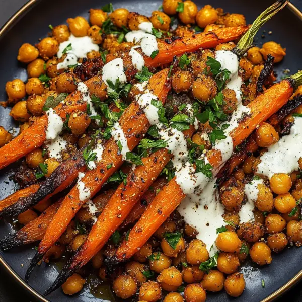 Spicy Maple-Roasted Carrots with Crispy Chickpeas and Yogurt Sauce