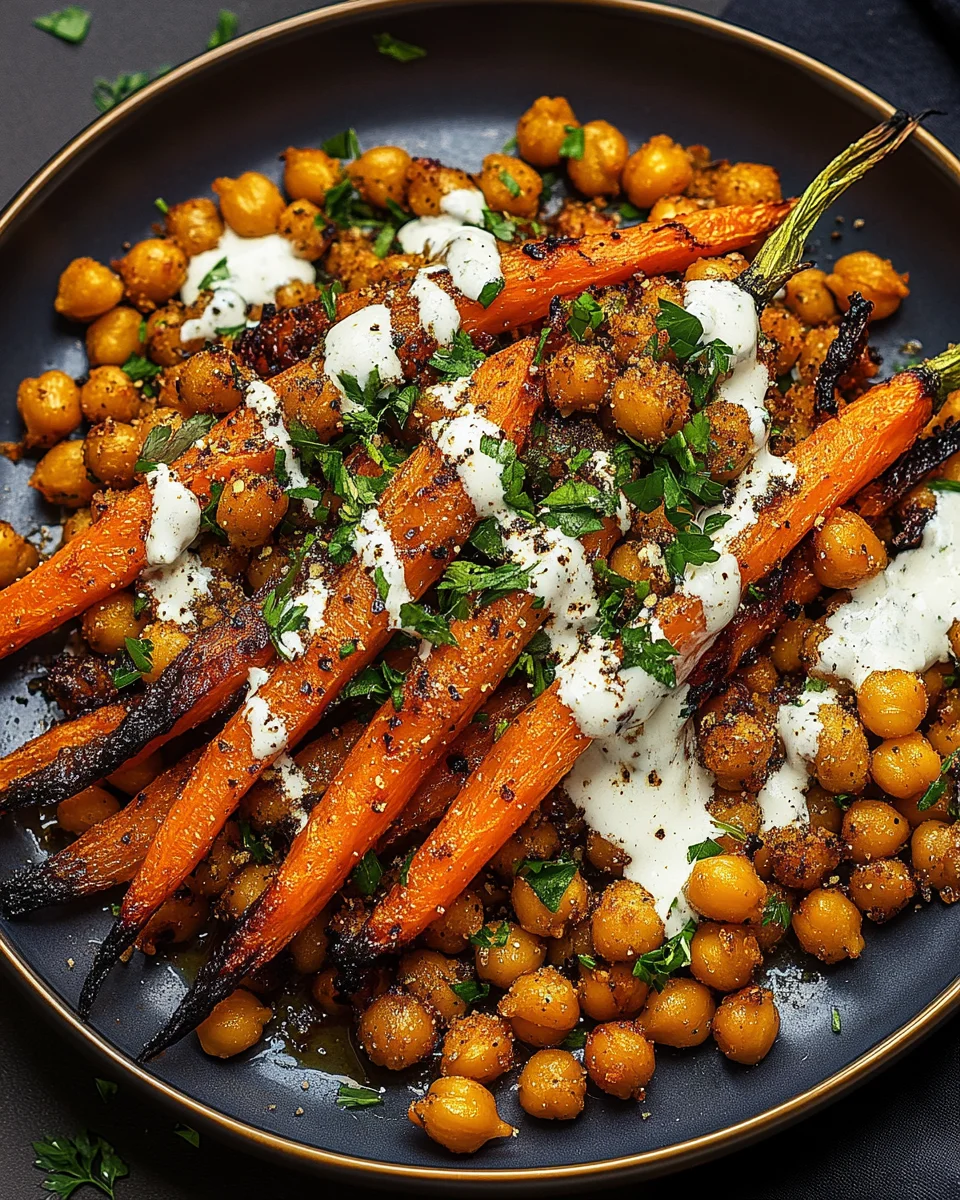 Spicy Maple-Roasted Carrots with Crispy Chickpeas and Yogurt Sauce