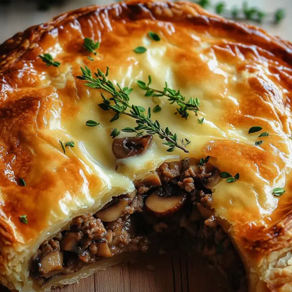 Torte mit Pilzen, Hackfleisch und Käse