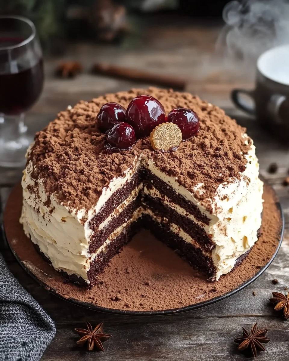 Winterlicher Maulwurfkuchen mit Zimtsahne und Punschkirschen