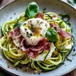 Zucchini Carbonara mit knusprigem Prosciutto und Burrata