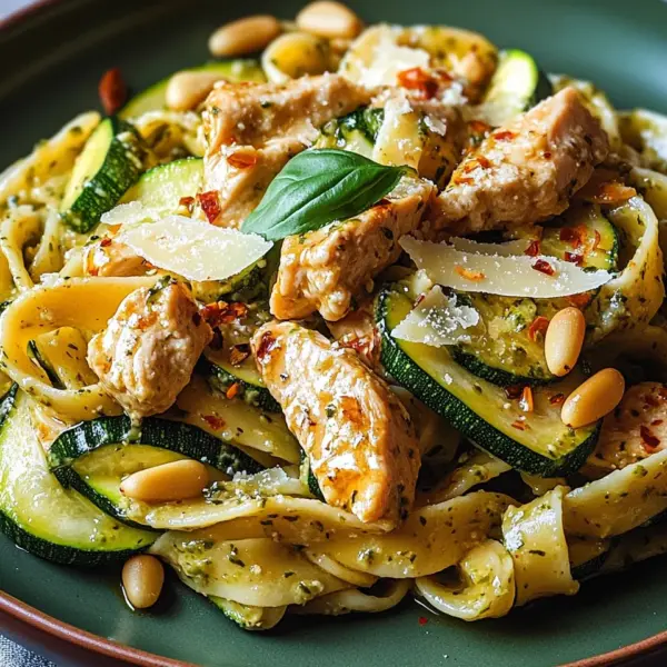 Zucchini Parmesan Pasta mit Hähnchen und Pinienkernen