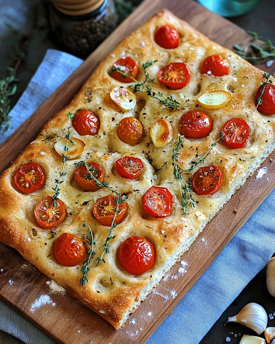 Focaccia mit Tomaten, Knoblauch & Thymian