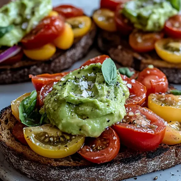 Geröstetes Brot mit Avocadobutter und Tomatensalat