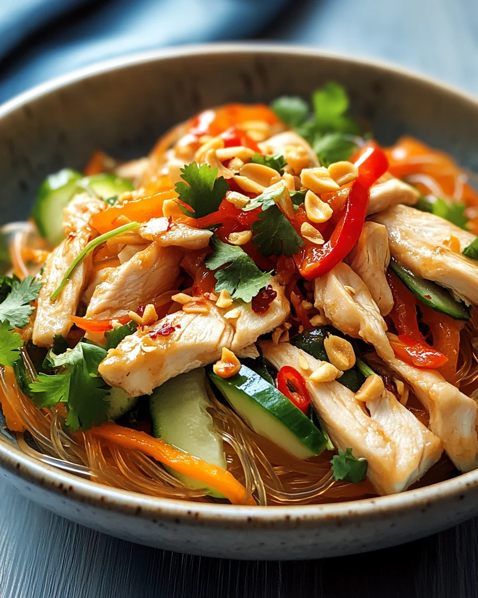 Lauwarmer Glasnudelsalat mit Erdnusshähnchen