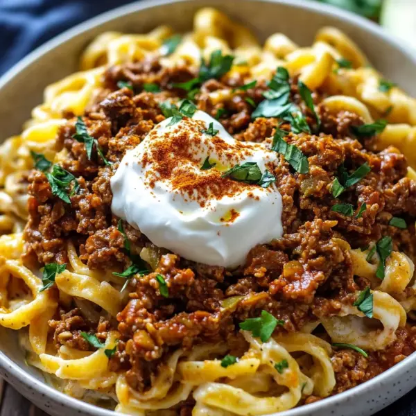 Türkische Pasta mit Hackfleisch und Joghurt-Sauce