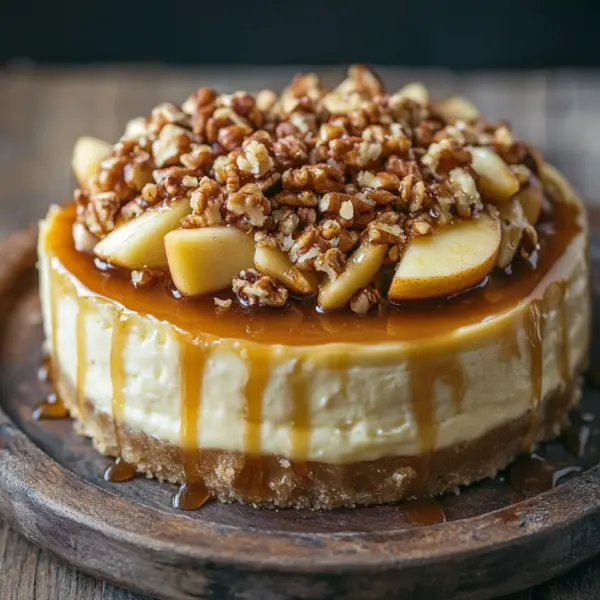 Apfel-Cheesecake mit Walnuss-Streuseln und Karamellsauce