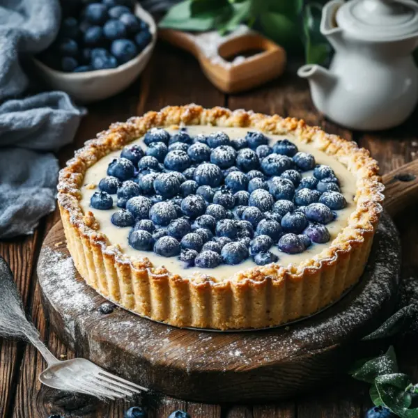 Blaubeerkuchen mit Pudding und Streusel