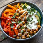 Bowl mit ger&ouml;stetem Gem&uuml;se und Kichererbsen mit Tahini-Dressing