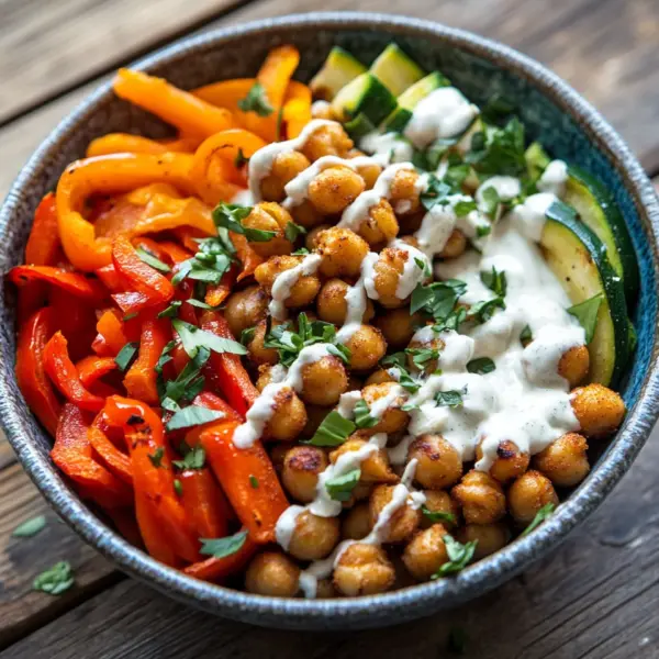 Bowl mit geröstetem Gemüse und Kichererbsen mit Tahini-Dressing