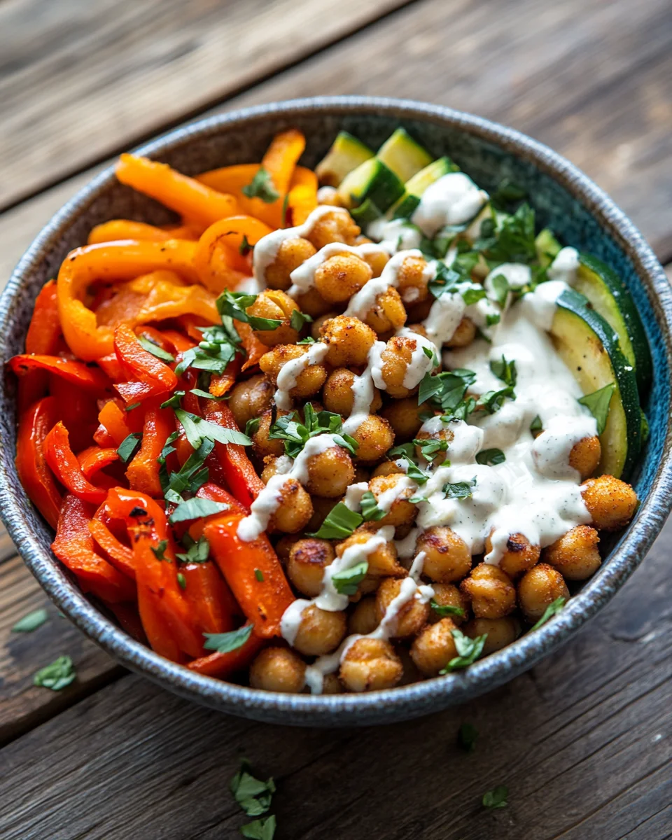 Bowl mit geröstetem Gemüse und Kichererbsen mit Tahini-Dressing 33 Bowl mit geröstetem Gemüse und Kichererbsen mit Tahini-Dressing