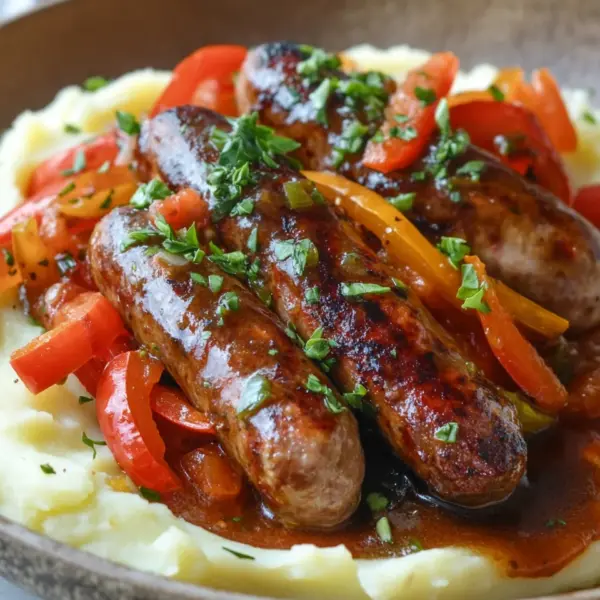 Cremige Wurst und Paprika auf Kartoffelpüree