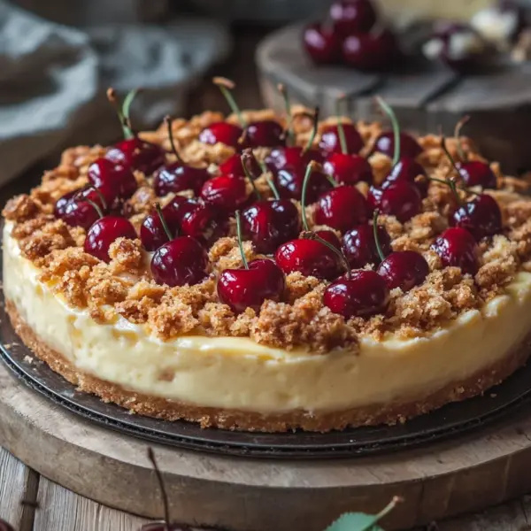 Saftiger Käsekuchen mit Kirschen und Streuseln