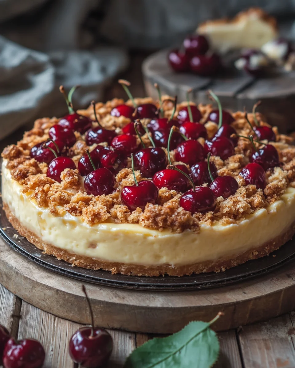 Saftiger Käsekuchen mit Kirschen und Streuseln